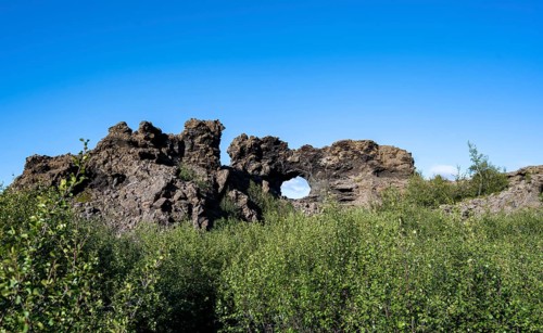 Rock arch, volcanic rock formations, Krafla volcanic landscape, Dimmuborgir lava fields, Mývatn,