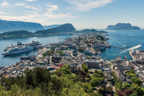 View from Aksla Town Mountain over the town, Alesund, Møre og Romsdal, Western Norway, Norway,