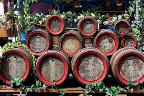 Stacked beer barrels from the Düsseldorf Altbierbrauerei Schumacher, Düsseldorf, North