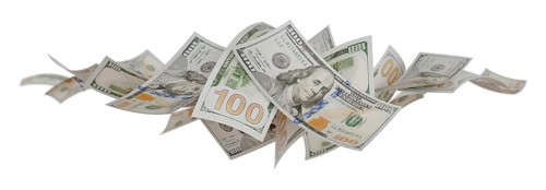Collection of falling one hundred dollar bills isolated on a white background