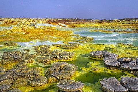 Dallol sulfur springs, hot springs in the Danakil Depression discharge brine and acidic liquid in
