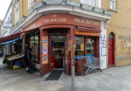 Halal butchers corner shop, Deptford High Street, London S8, England, UK
