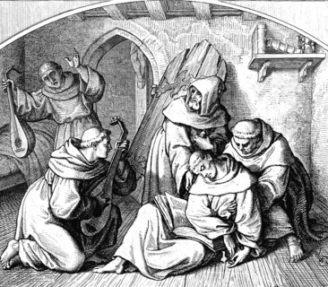 Martin Luther lying unconscious in his cell, bible in his hand, friends bring him back to his