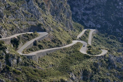 Serpentine road in the bay of Sa Calobra, Majorca, Balearic Islands, Spain, Europe