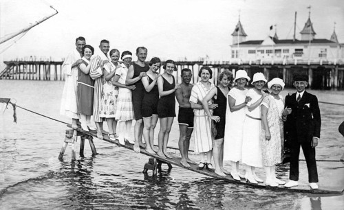 Bathing group on the beach, funny, laughing, summer holidays, holiday, joie de vivre, about 1930s,