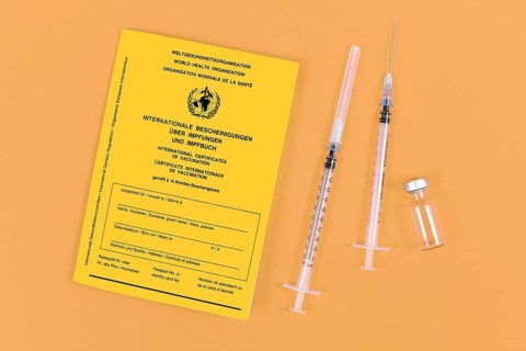 Vaccine concept with syringes, vial and yellow international certificate of vaccination on orange
