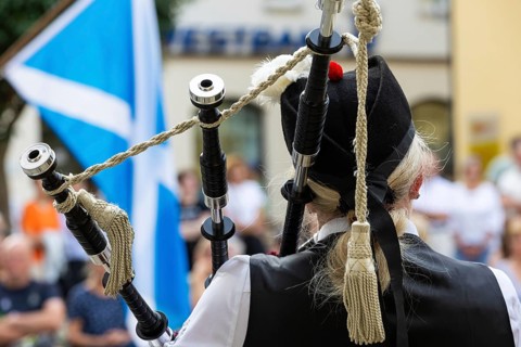 Bagpipers, musicians, music concert, Scottish flag, Sigmaringen, Baden-Württemberg, Germany, Europe