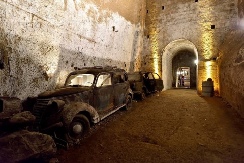 Old vintage cars in the Galleria Borbonica, Bourbon Tunnel, Naples, Campania, Italy, Europe