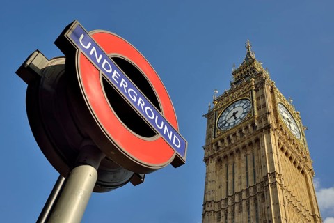 Underground sign, subway, Big Ben, London, England, United Kingdom, Europe