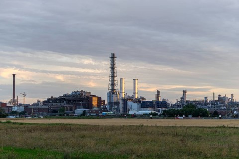 BASF, Lugwigshafen am Rhein, industrial area, dusk, fields, Mannheim, Baden-Württemberg, Germany,
