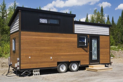 Contemporary brown stained pine and grey oak wood shingles clad cottage style 8 x 24 foot sloped