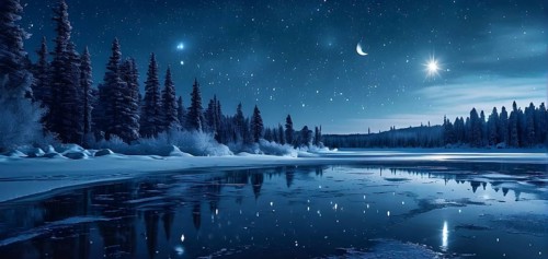 Tranquil winter night scene with a crescent moon and stars shining brightly over a frozen lake,