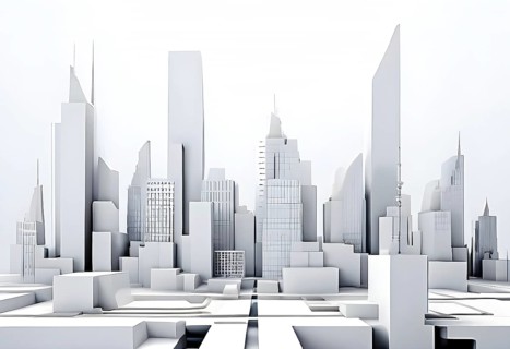 Modern city skyline using clean lines and geometric forms, with rectangular buildings and smooth,