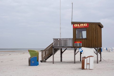 DLRG water rescue tower on the sandy beach, North Sea, Utersum, Föhr, North Sea island, North