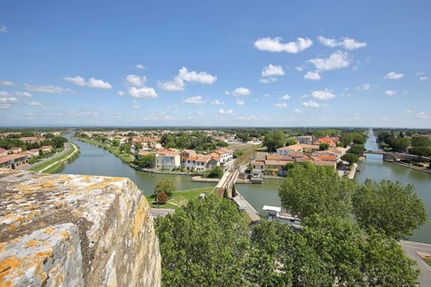 View of Canal du Rhone a Sete, canal with swing bridge, Aigues-Mortes, Gard, Camargue, Provence,