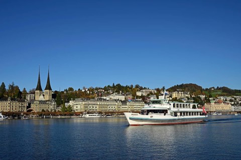 Court church of St Leodegar with excursion boat on Lake Lucerne, Lucerne, Canton Lucerne,