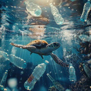 A sea turtle, hawksbill turtle dives among plastic waste, symbolic image for endangered species,
