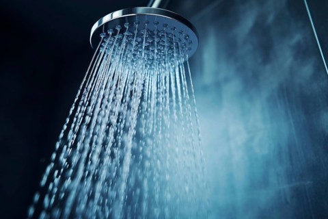 Close up of shower head with running water. KI generiert, generiert AI generated