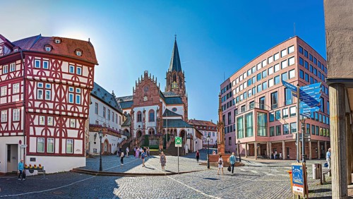 Collegiate Basilica of St Peter and Alexander and Town Hall in Aschaffenburg, Bavaria, Germany,
