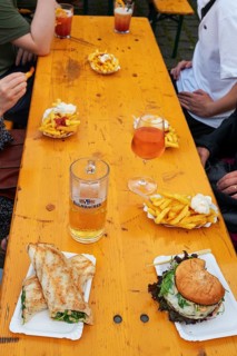 Food and drinks on a beer table at a folk festival, Bavaria, Germany, Europe
