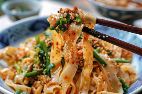 Bowl with Chinese Biangbiang noodles with seasoning. KI generiert, generiert, AI generated