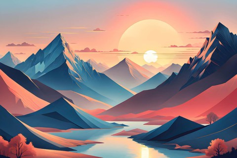 Minimalist landscape with stylized mountains and a setting sun, represented by simple geometric