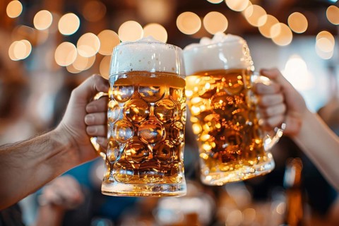 Close up of two large beer mugs clinking. Generative Ai, AI generated