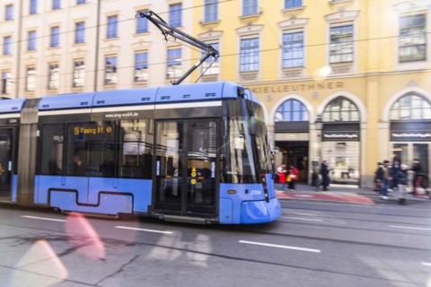 MVG Munich tram travelling through the city, Maximilianstraße, Munich, Bavaria, Germany, Europe