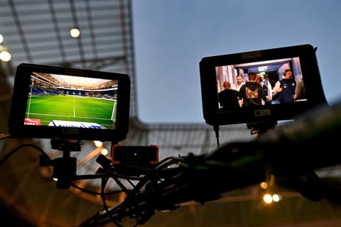 Monitors of the backdoor camera, playing field, PreZero Arena, Sinsheim, Baden-Württemberg,