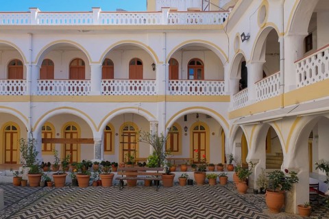 Courtyard of the Panormitis Monastery, Symi Island, Dodecanese, Greek Islands, Greece, Europe