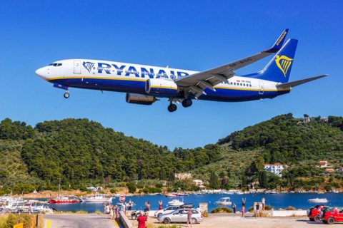 A Ryanair Boeing 737-800 aircraft with the registration SP-RSG at Skiathos Airport, Greece, Europe