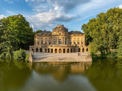 Monrepos Lake Castle reflected in Lake Eglosheim, aerial view, Ludwigsburg, Baden-Württemberg,