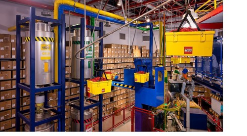 LEGO factory, granulate, transport, warehouse, production facility, manufacturing, LEGOLAND theme
