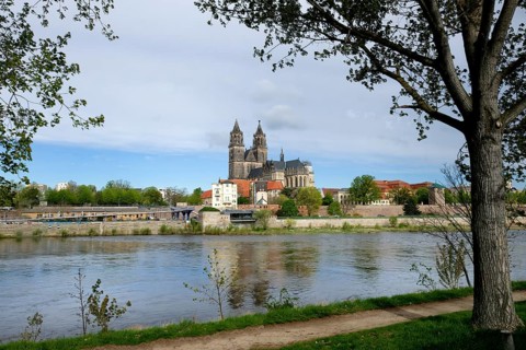 Protestant gothic Magdeburg cathedral or Cathedral of Saints Maurice and Catherine along the Elbe