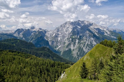 View over the unspoilt nature in the Berchtesgaden National Park to the Watzmann with the Watzmann