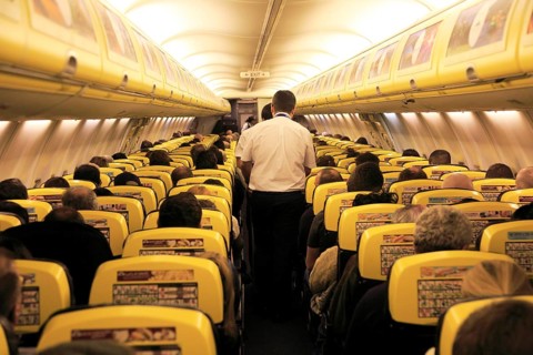 Inside Ryanair plane at Stansted airport, Essex, England, UK