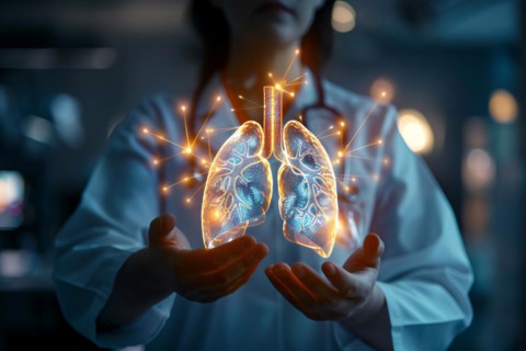 Doctor with virtual image of human lung. KI generiert, generiert, AI generated