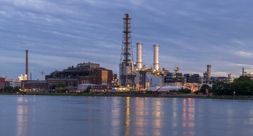 BASF, Lugwigshafen on the Rhine, industrial area, dusk, Mannheim, Baden-Württemberg, Germany,