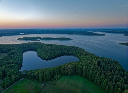 Aerial view of Lake Wigry and the landscape in the Wigry National Park in northern Poland in the