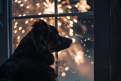Black dog looking out of window at fireworks in night sky. Generative AI, AI generated