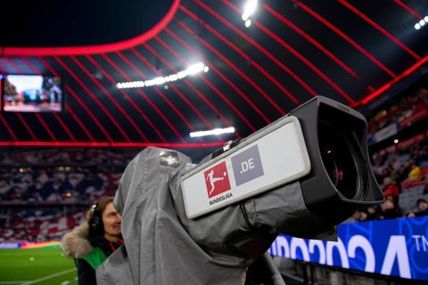 TV camera, camerawoman, stadium interior, SportCAST logo, Bundesliga, Allianz Arena, Munich,