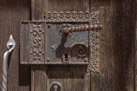 Old door lock of St. Boniface Church, Emmendingen, Baden-Württemberg, Germany, Europe