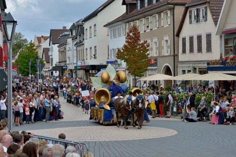 The Plums Queen Alina I. takes part in the parade of the Zwetschgenfest, plums festival, Bühl,