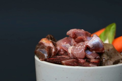 Dog bowl filled with mixture of biologically appropriate raw food containing of meat chunks with