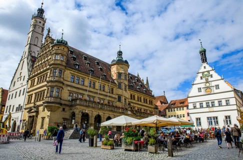 View of historic market square left town hall town hall tower right patrician house council