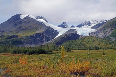 Autumn landscape and a glacier calving deep into the valley, Worthington Glacier, Chugach