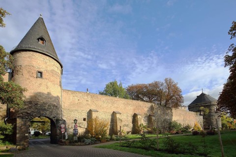 Historic Ottenturm with city fortifications and Pulverturm, fortified defence tower, gate tower,