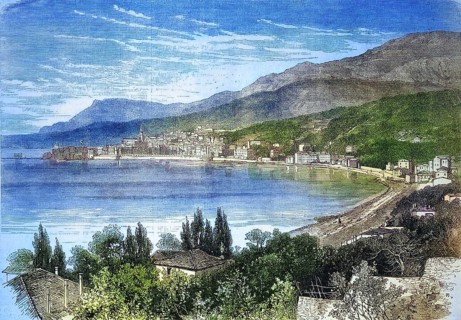 The Town of Menton on the Mediterranean, 1869, France, Historical, digitally restored reproduction