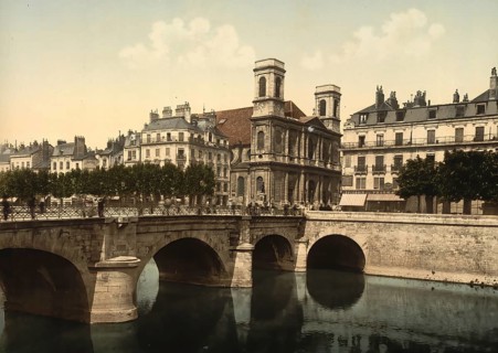 Bridge and church Sainte-Madeleine of Besancon, Bourgogne-Franche-Comte, France, c. 1890, Historic,