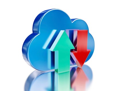 Remote database cloud computing technology storage upload download concept, metal glossy cloud icon